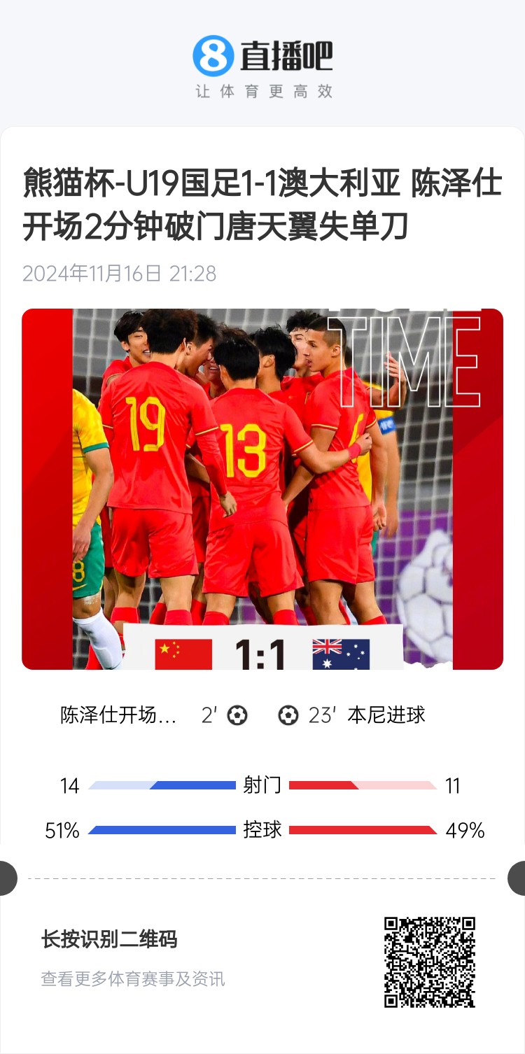 二番戰(zhàn)！U20國(guó)青與澳大利亞去年熊貓杯剛有過(guò)交手，雙方1-1戰(zhàn)平